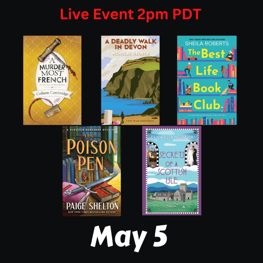 Live Event. Cozypalooza! Five of your favorite cozy mystery authors showcase their latest novels. Sunday, May 5th at 2pm PDT.